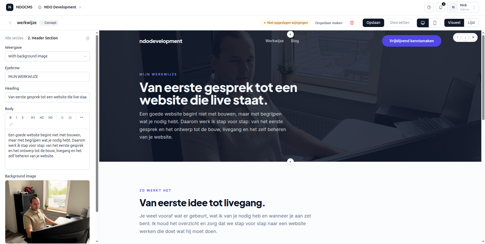 De werkwijze-pagina bewerken, met het resultaat er meteen naast