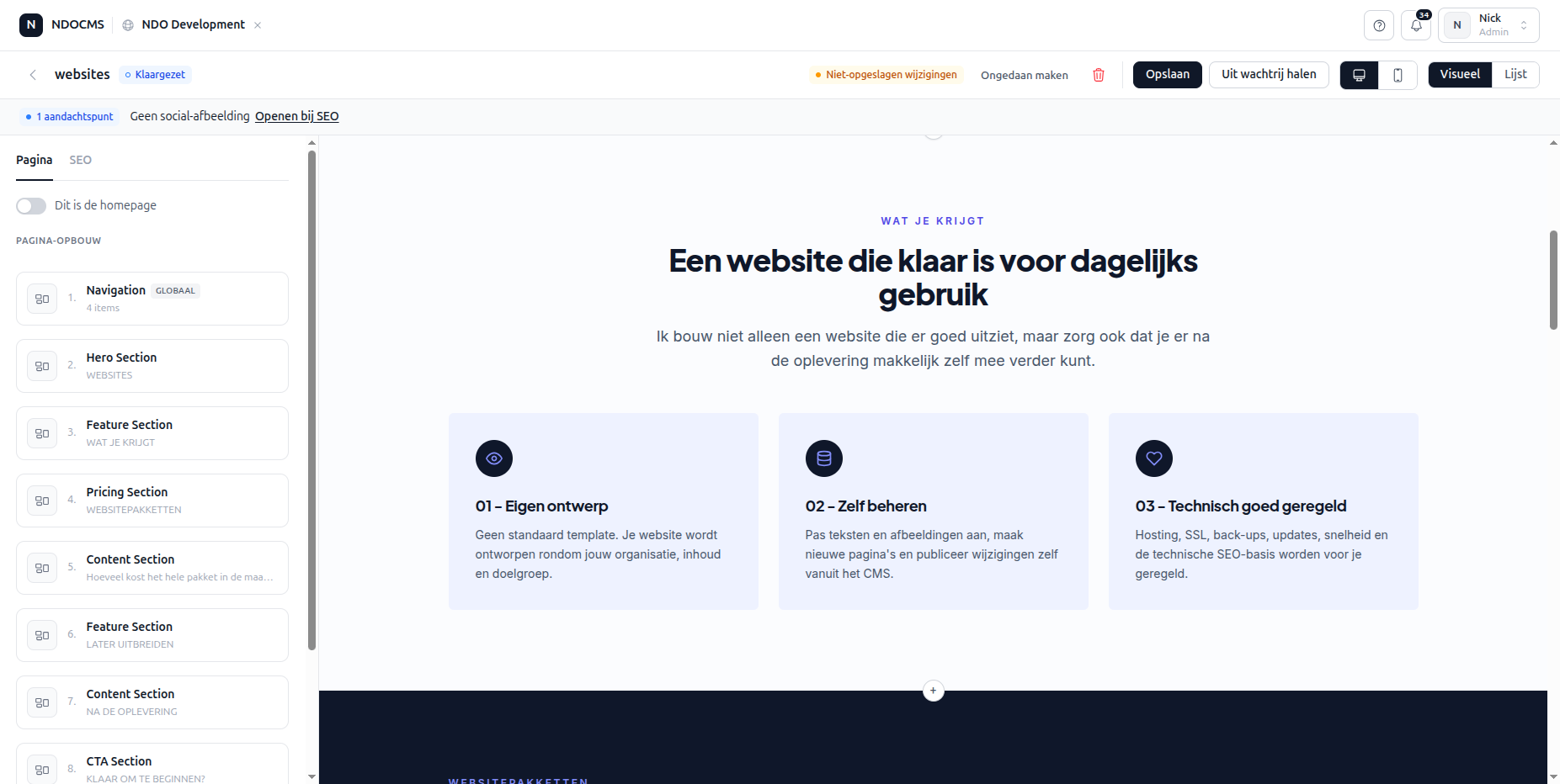 De pakketten-pagina in het CMS, met de secties links en de pagina rechts met aandachtspunt optimalisatie in het cms.